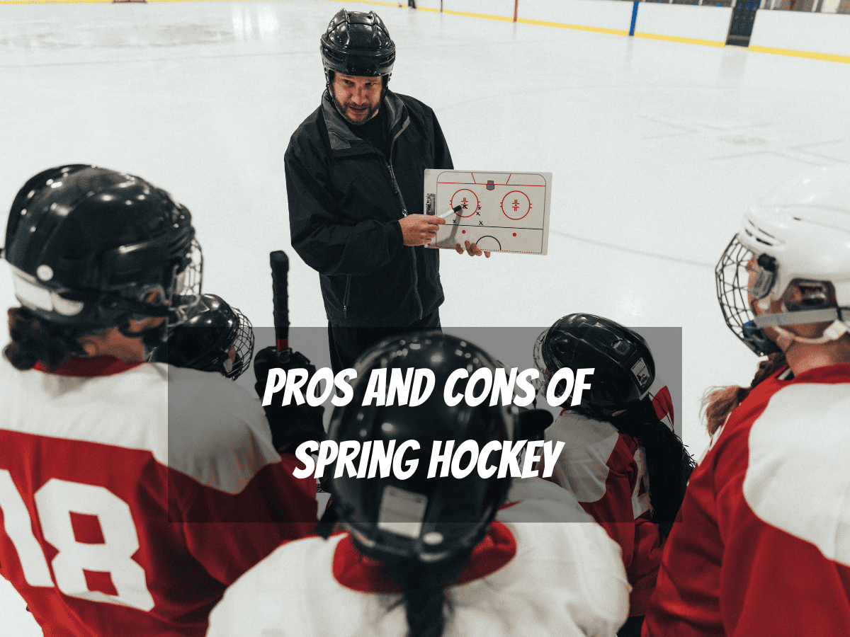 Four Ice Hockey Players Listen To Their Coach As They Learn About The Pros And Cons Of Spring Hockey