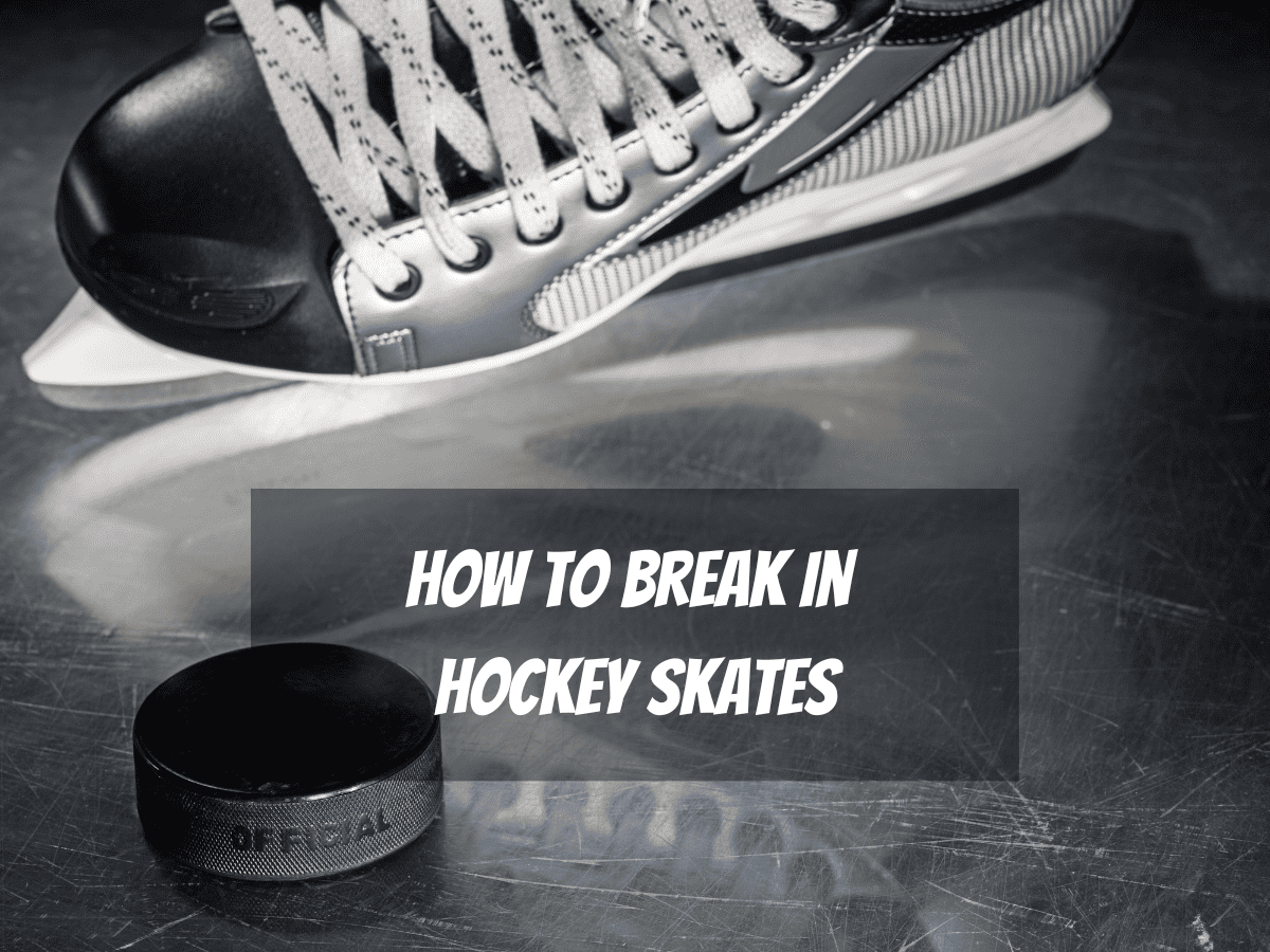 A Brand New Ice Hockey Skate With White Laces Next To a Hockey Puck On The Ice For How To Break In Hockey Skates